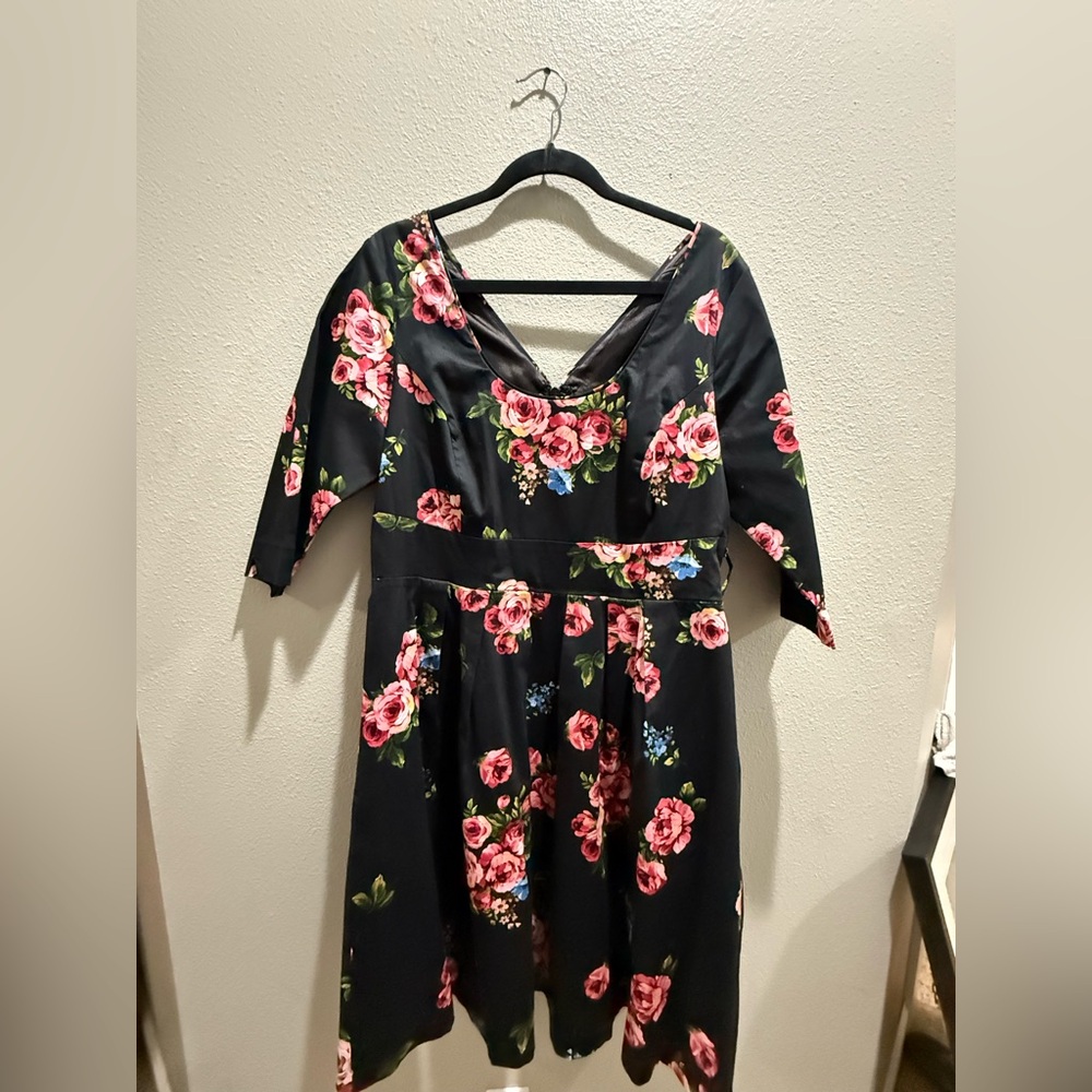 City Chic Black Floral Fit & Flare Dress Pink Roses Plus Size